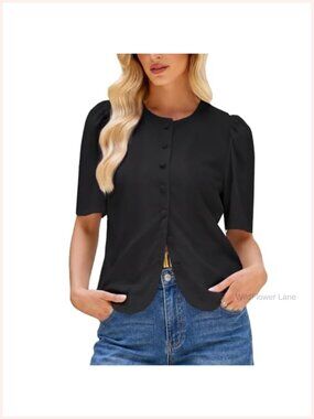Women Short Puff Sleeve Button Down Blouse Crewneck Casual Summer Top